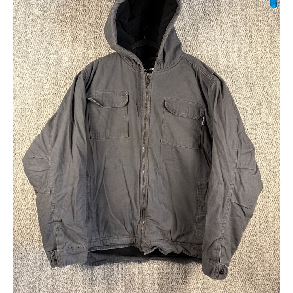 Wolverine Mens XXL Gray Canvas Hooded Work Jacket Full Zip Heavy Duty Coat